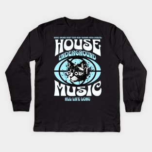 HOUSE MUSIC  - Underground Cat (White/Blue) Kids Long Sleeve T-Shirt